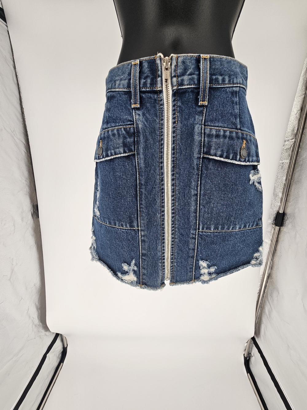 Carmar Dark Blue Distressed Denim Mini Skirt with Front Zip